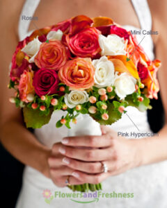 Elegant Bridal Bouquet – Roses, Mini Callas & Pink Hypericum FlowersandFreshness.com